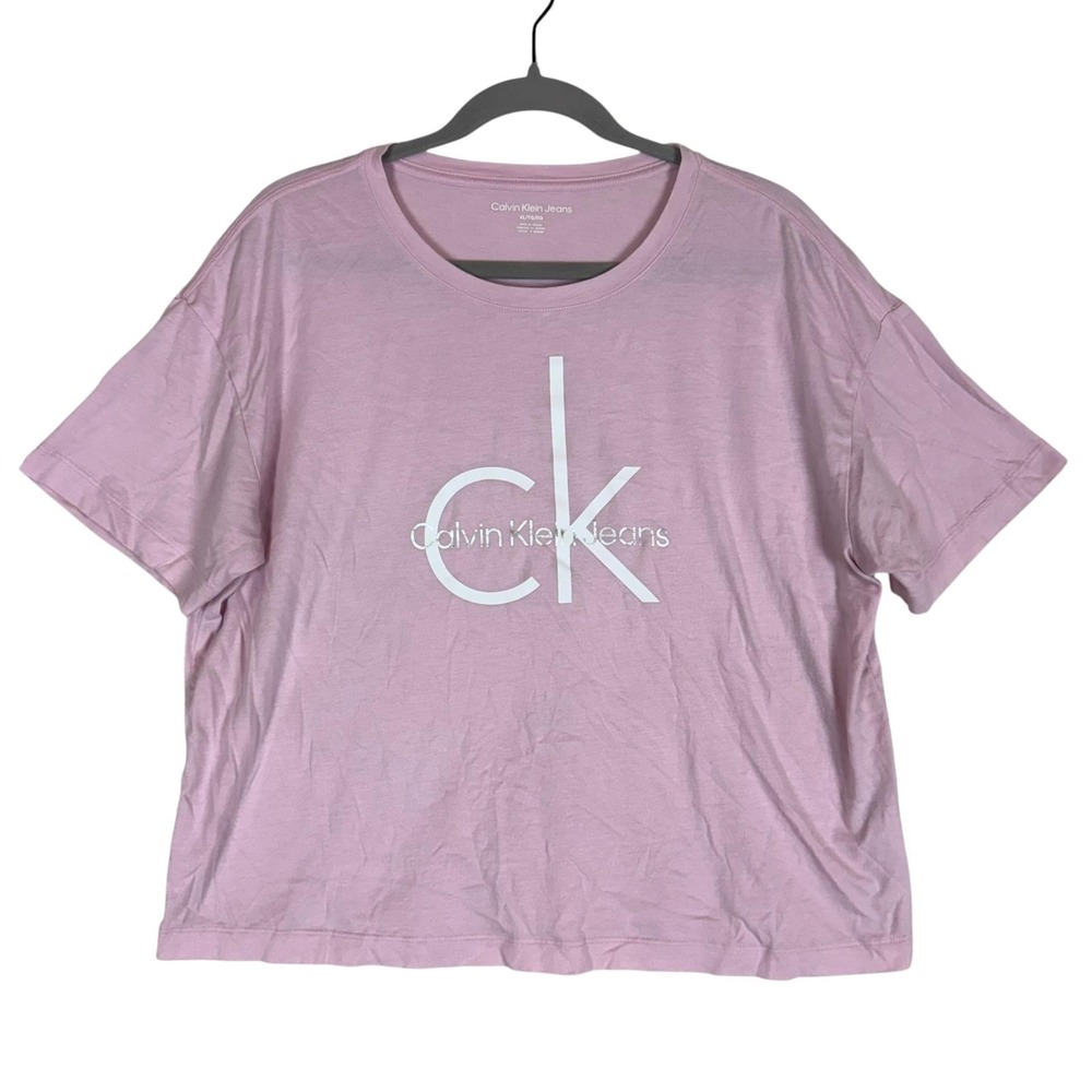 Calvin Klein Jeans Shirt Womens XL Pink Cropped Logo Graphic Crewneck Tee